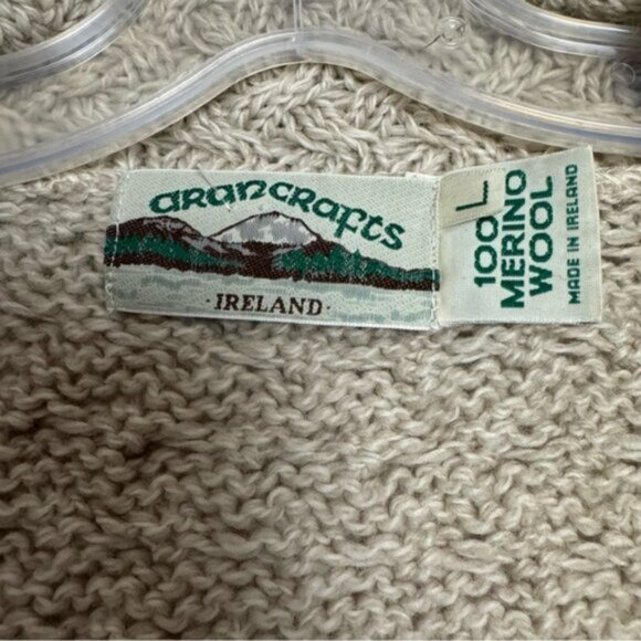 ARAN CRAFTS Ireland Wool Cable Knit Cardigan Sweater Knit Cozy Warm Tan Button L - Picture 12 of 16